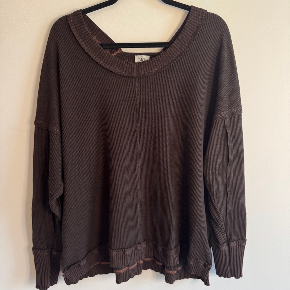 BKE Brown Waffle Knit Thermal Top Distressed Hem XXL
